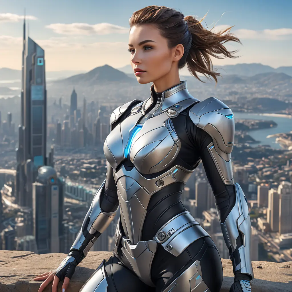 A fearless woman with an athletic build, wearing futuristic armor with elegant lines and soft LED accents, poised atop a cliff overlooking a sprawling sci-fi cityscape, Highly Detailed, Half Body, Gorgeous, Stunning, Elegant by Stanley Artgerm Lau