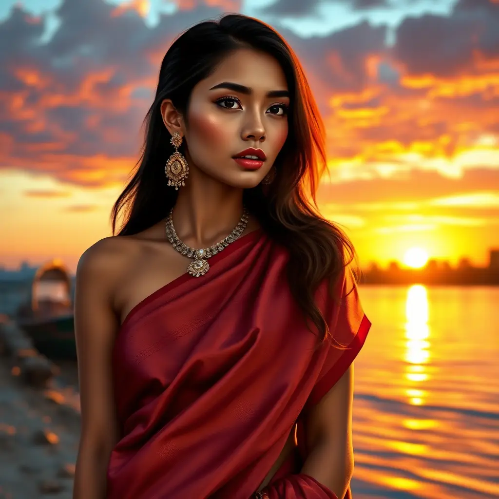 A gorgeous woman with glowing olive skin, wearing a traditional silk sari, standing by a river at sunset, the sky ablaze with colors, the water reflecting the vibrant hues, serene expression, richly detailed, Highly Detailed, Half Body, Gorgeous, Stunning, Elegant by Stanley Artgerm Lau