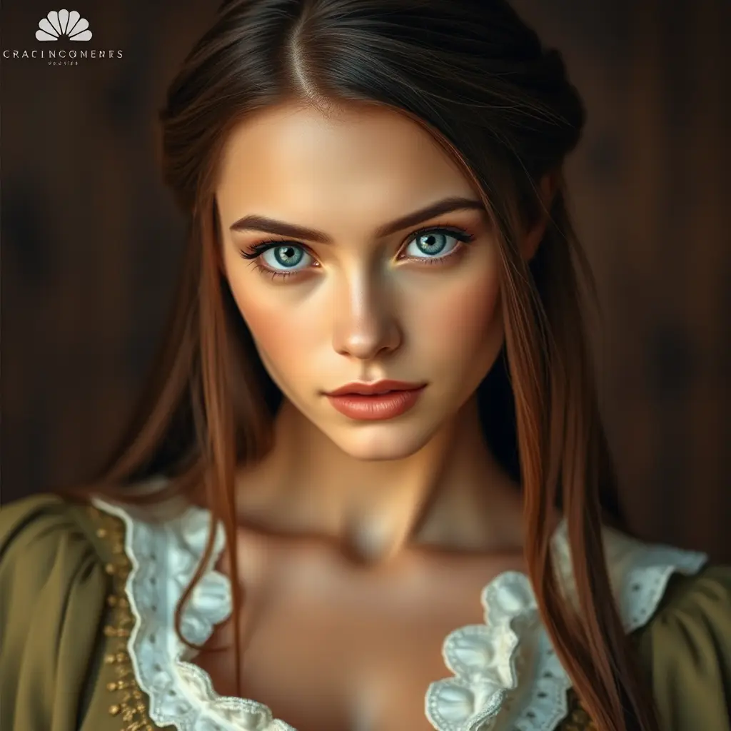 A gorgeous woman inspired by the Renaissance era, with long, straight brown hair and piercing blue eyes, Highly Detailed, Half Body, Gorgeous, Stunning, Elegant