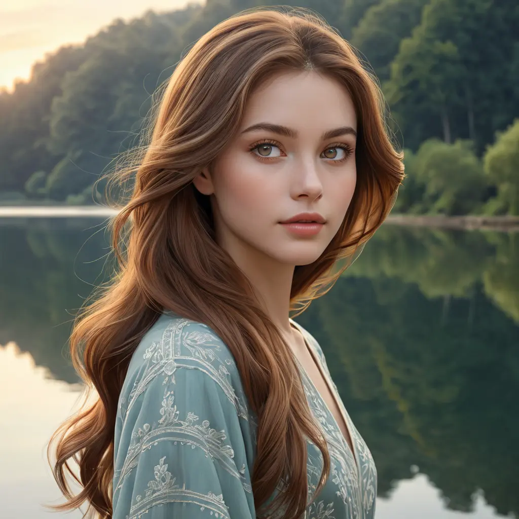 A serene beauty with almond-shaped eyes and flowing chestnut hair, standing by a tranquil lake at dawn, Highly Detailed, Half Body, Gorgeous, Stunning, Elegant by Stanley Artgerm Lau