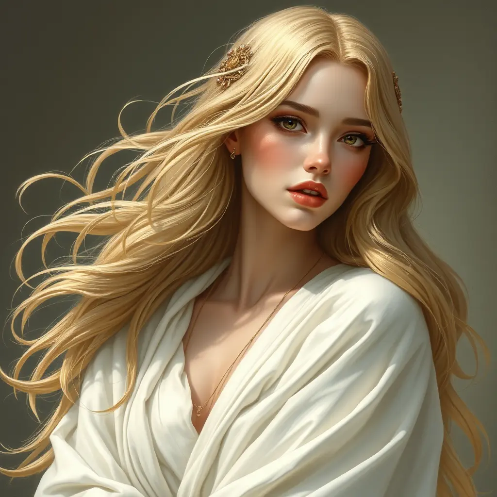 a timeless goddess with cascading golden hair and a serene expression, draped in flowing white robes, Highly Detailed, Half Body, Gorgeous, Stunning, Elegant by Stanley Artgerm Lau