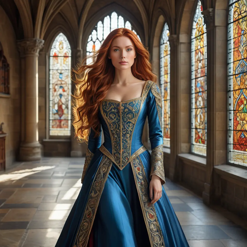 A stunning woman with long red hair, wearing an intricately detailed medieval gown, standing in a grand castle hall, the light streaming through stained glass windows, regal and majestic, Highly Detailed, Half Body, Gorgeous, Stunning, Elegant by Stanley Artgerm Lau