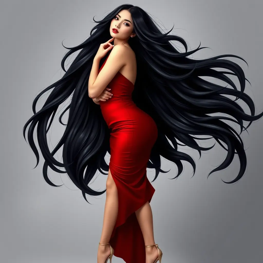 A gorgeous woman with porcelain skin and raven-black hair, wearing a fitted red dress and high heels, Highly Detailed, Half Body, Gorgeous, Stunning, Elegant