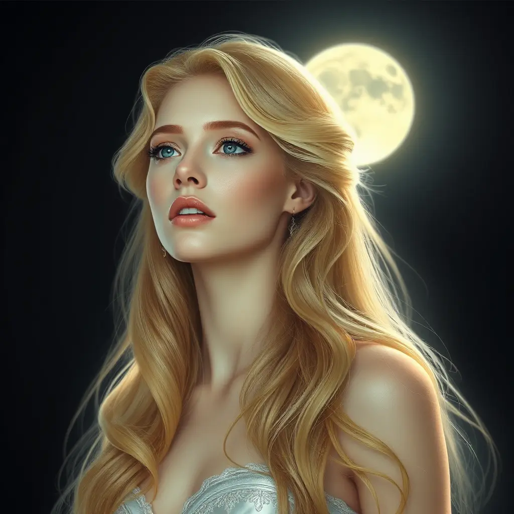 An ethereal woman with porcelain skin and cascading golden locks, illuminated by the soft glow of a full moon, Highly Detailed, Half Body, Gorgeous, Stunning, Elegant by Stanley Artgerm Lau