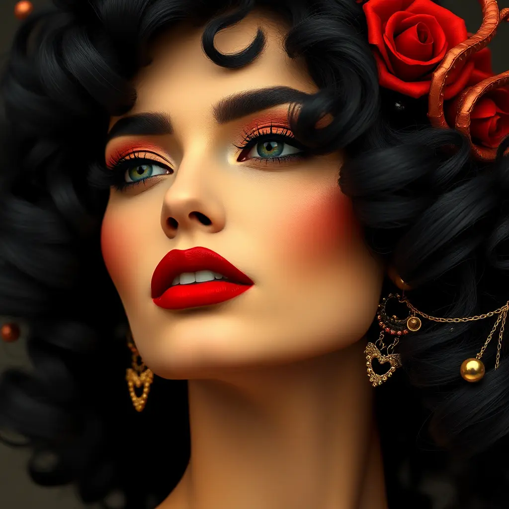 A stunning woman reminiscent of Salvador Dali's 'Gala', with bold red lips and curly black hair, Highly Detailed, Half Body, Gorgeous, Stunning, Elegant