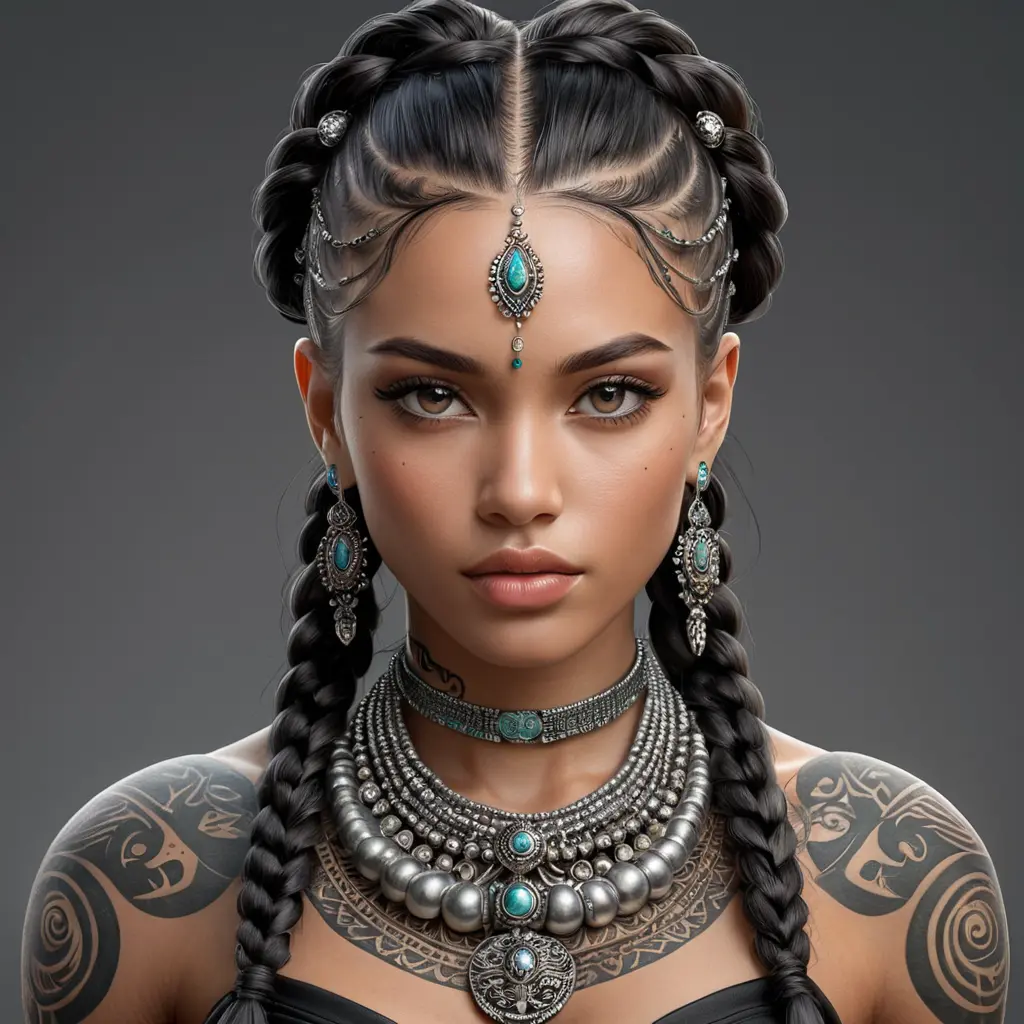 a fierce warrior queen with intricate tattoos and braided hair adorned with beads, her gaze commanding respect, Highly Detailed, Half Body, Gorgeous, Stunning, Elegant by Stanley Artgerm Lau