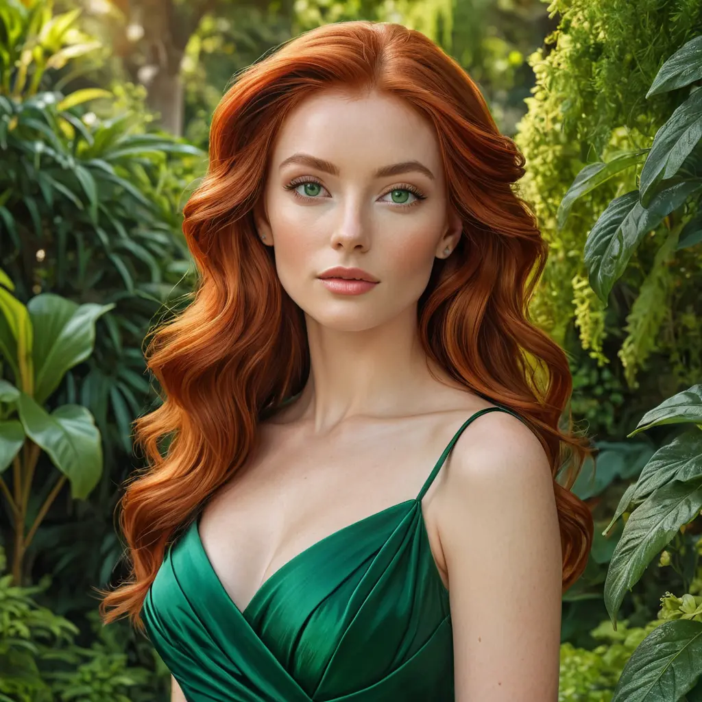 A vibrant Renaissance-style portrait of a woman with fiery red hair and emerald green eyes, wearing an elegant silk gown, set against a lush garden backdrop., Highly Detailed, Half Body, Gorgeous, Stunning, Elegant by Stanley Artgerm Lau