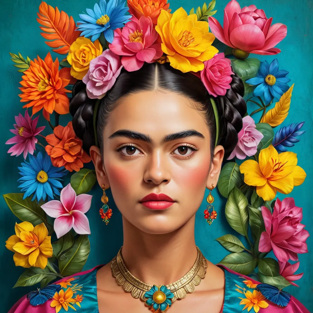 A captivating Frida Kahlo painting come to life, filled with vibrant colors and symbols, Highly Detailed, Half Body, Gorgeous, Stunning, Elegant by Stanley Artgerm Lau