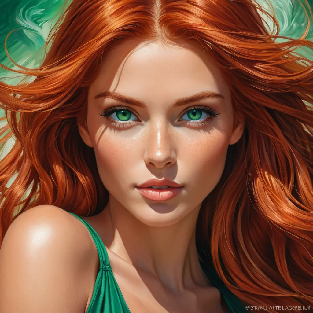 A vibrantly beautiful woman with fiery red hair, emerald green eyes, and a passionate expression, radiating energy and intensity, Highly Detailed, Half Body, Gorgeous, Stunning, Elegant by Stanley Artgerm Lau