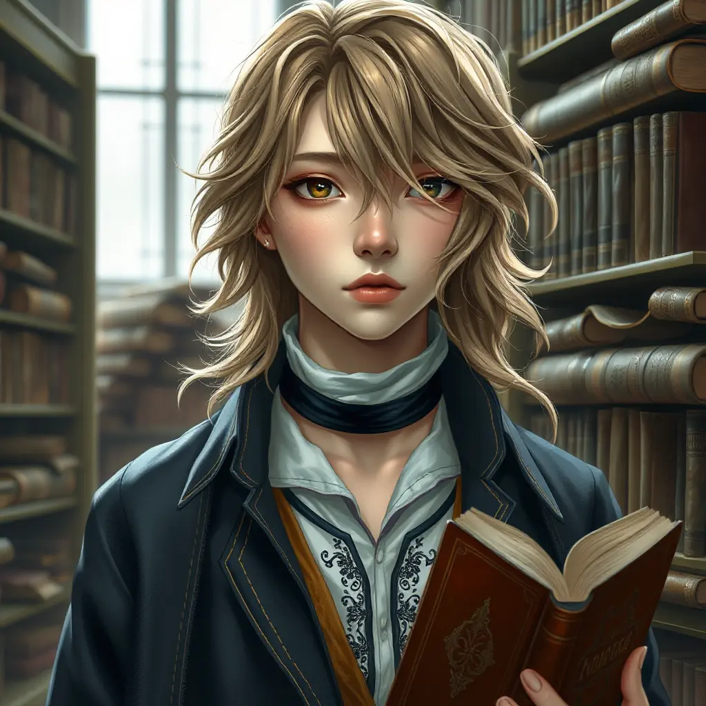 A kind and gentle librarian with a quiet introspection and soft, flaxen hair, surrounded by the musty scent and worn pages of ancient tomes, Highly Detailed, Half Body, Gorgeous, Stunning, Elegant by Stanley Artgerm Lau