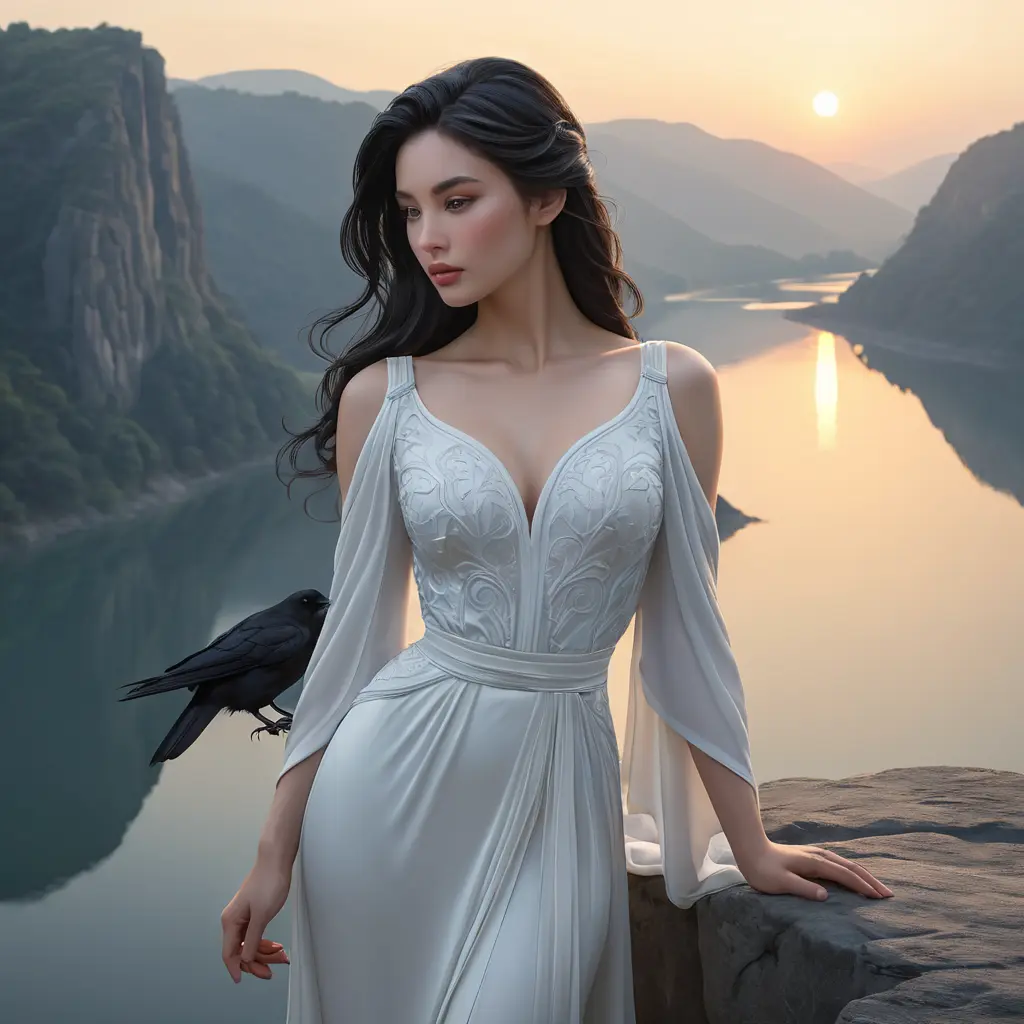 A serene and elegant woman with porcelain skin and raven hair stands atop a cliff overlooking a tranquil lake at dawn., Highly Detailed, Half Body, Gorgeous, Stunning, Elegant by Stanley Artgerm Lau