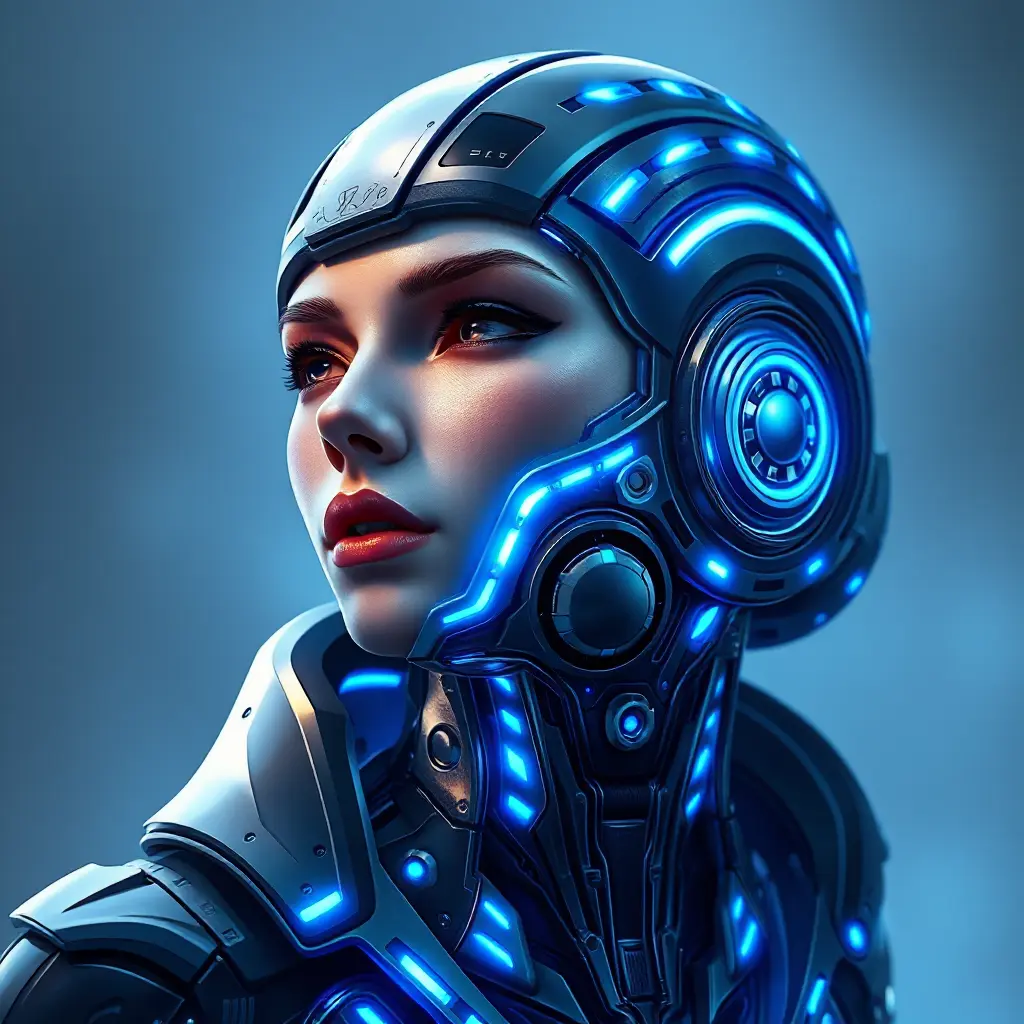 a futuristic cyborg with glowing blue circuitry and sharp, angular features, staring intently into the distance, Highly Detailed, Half Body, Gorgeous, Stunning, Elegant by Stanley Artgerm Lau