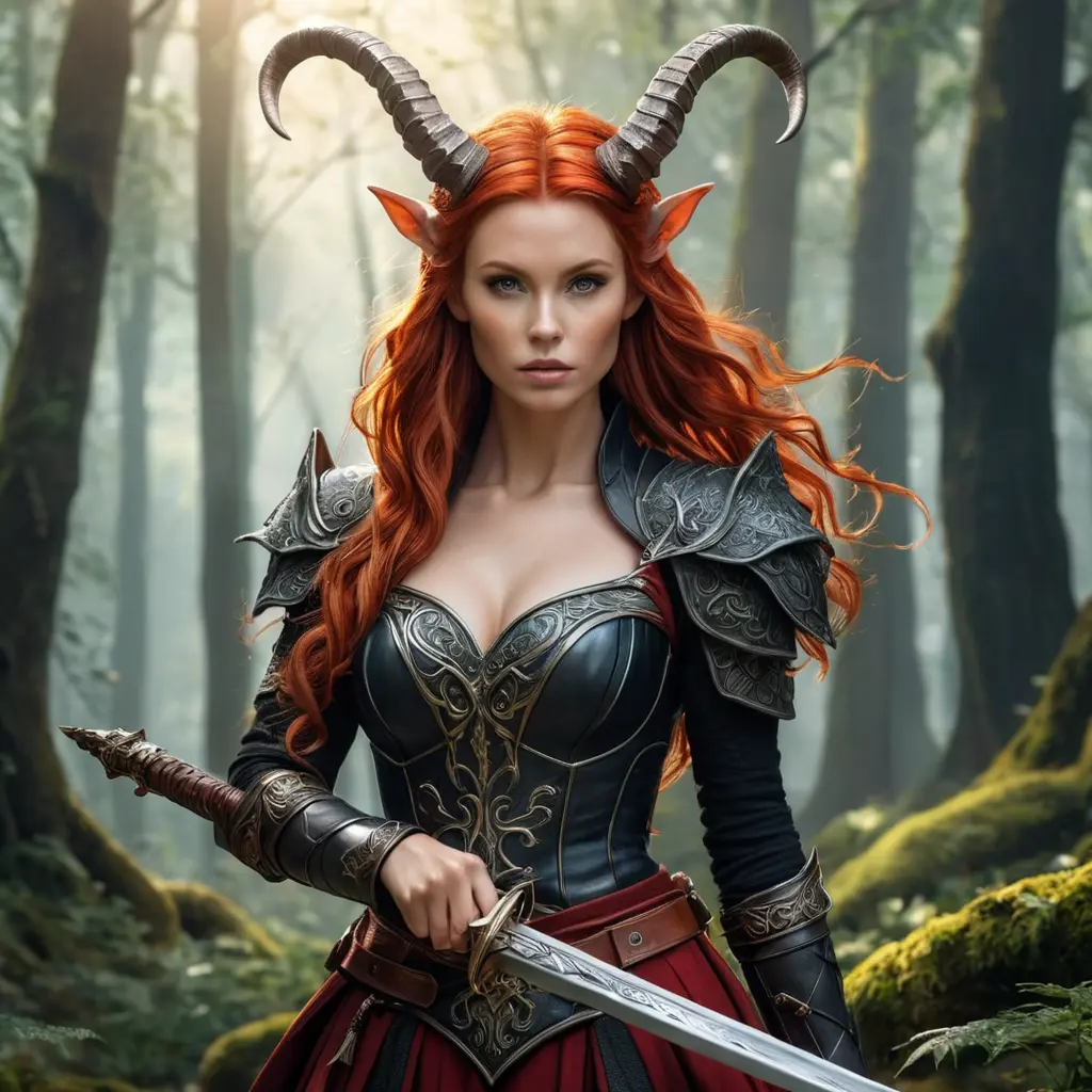 A gorgeous woman with horns and fiery red hair, wielding a sword in a mystical forest, Highly Detailed, Half Body, Gorgeous, Stunning, Elegant