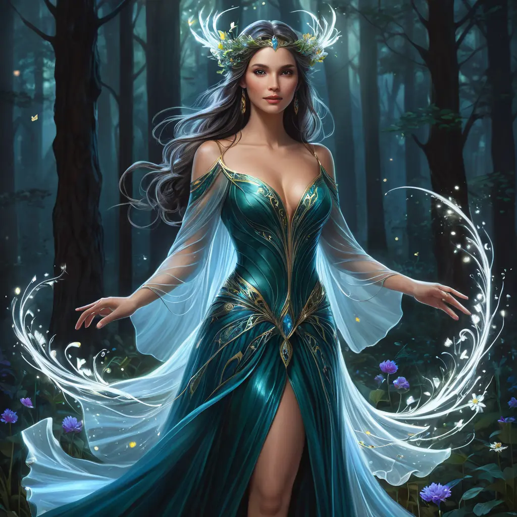 A mystical sorceress in a dark forest, her luminescent gown shimmering with magic, wildflowers blooming at her feet, casting spells as swirling lights dance around her., Highly Detailed, Half Body, Gorgeous, Stunning, Elegant by Stanley Artgerm Lau