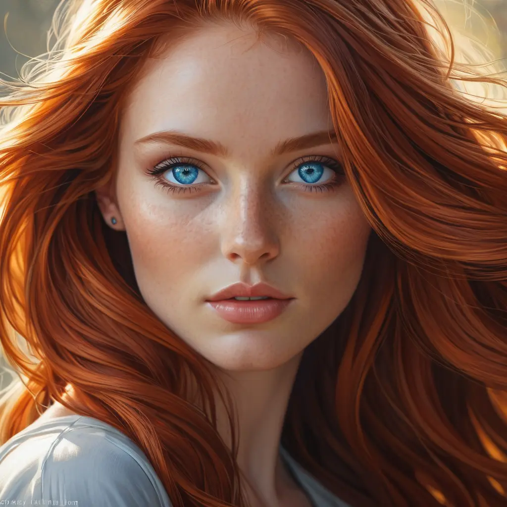 a stunningly beautiful woman with flowing red hair and piercing blue eyes, illuminated by warm sunlight, Highly Detailed, Half Body, Gorgeous, Stunning, Elegant by Stanley Artgerm Lau