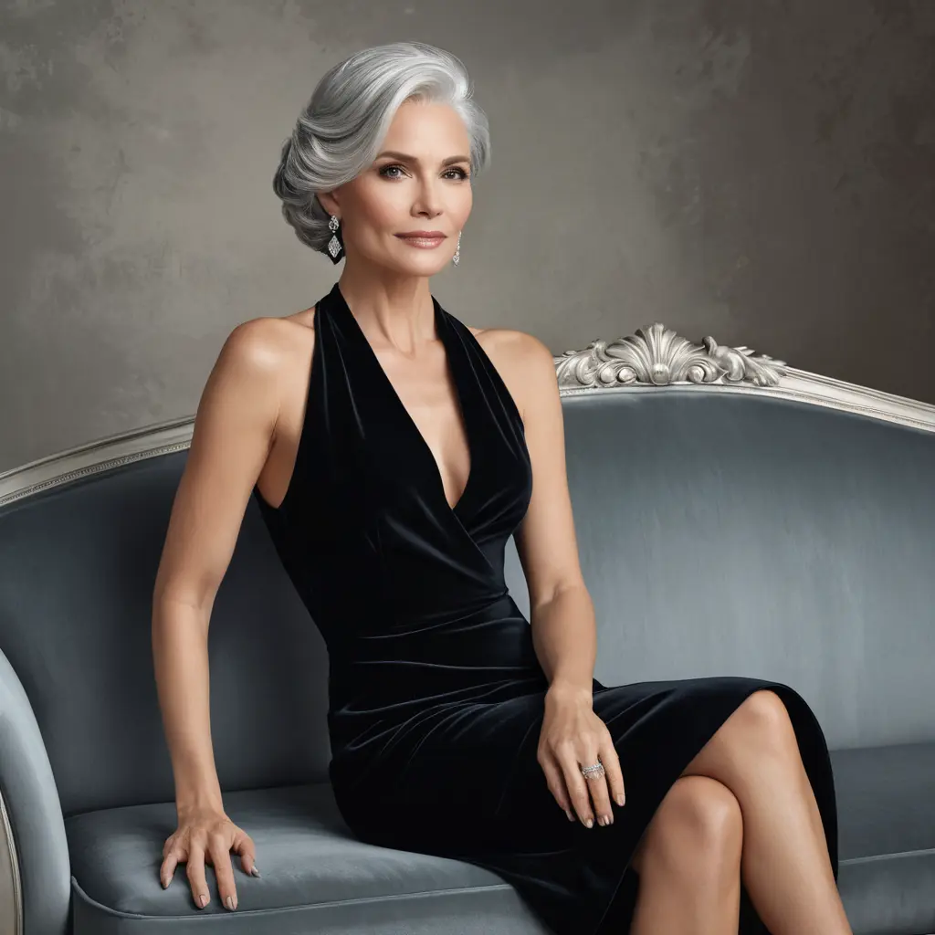 A sophisticated woman in her early 40s, silver hair flowing gently, dressed in a classic LBD with diamond earrings and clutch, seated elegantly on a velvet sofa, Highly Detailed, Half Body, Gorgeous, Stunning, Elegant by Stanley Artgerm Lau