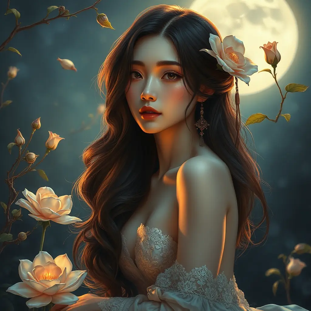 A serene and ethereal woman with delicate, petal-like features, amidst a moonlit garden, Highly Detailed, Half Body, Gorgeous, Stunning, Elegant by Stanley Artgerm Lau