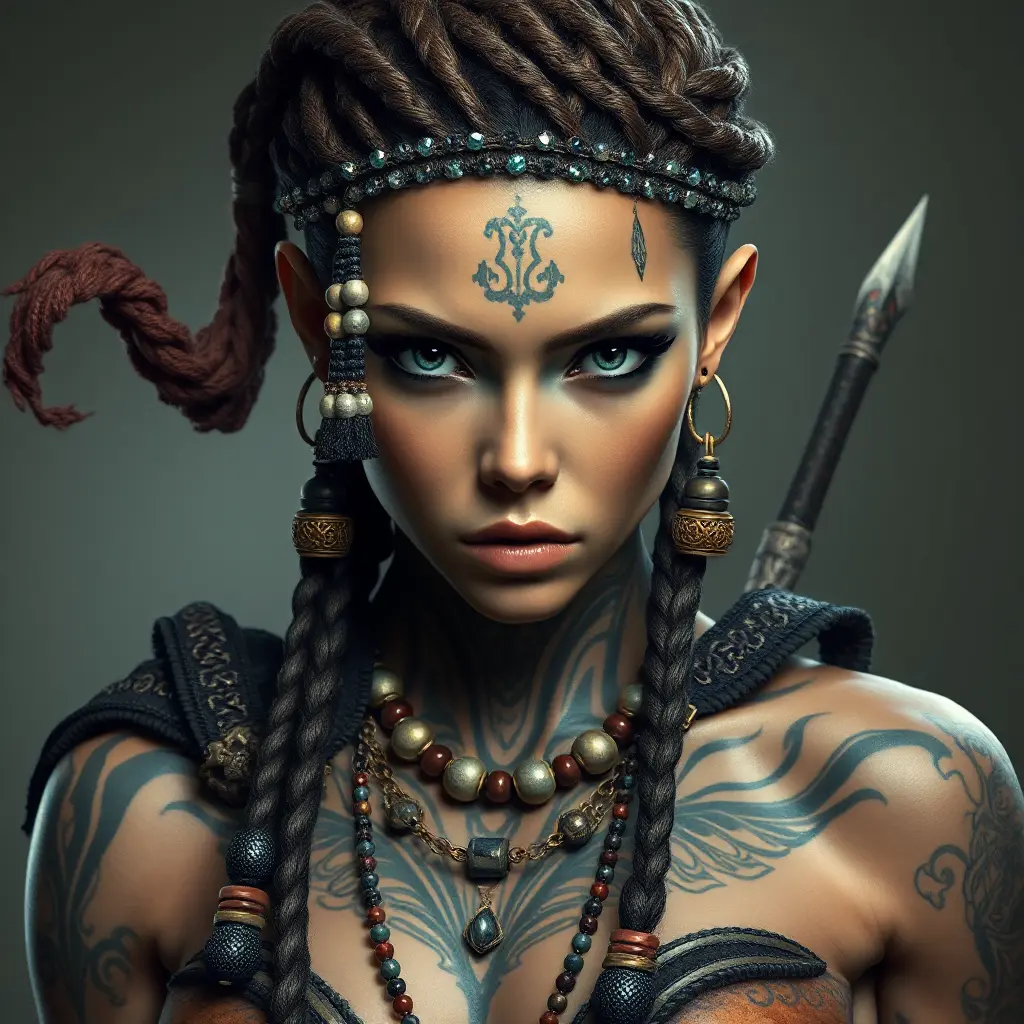 a fierce warrior queen with intricate tattoos and braided hair adorned with beads, her gaze commanding respect, Highly Detailed, Half Body, Gorgeous, Stunning, Elegant by Stanley Artgerm Lau