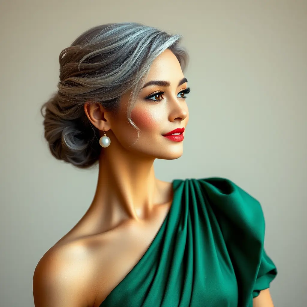 A lady in her late 30s with soft gray hair pulled back into a classic chignon, wearing an elegant emerald green dress that softly hugs her figure, Highly Detailed, Half Body, Gorgeous, Stunning, Elegant by Stanley Artgerm Lau