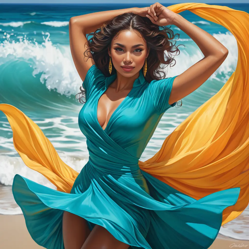 A vibrant and charming salsa dancer with a dynamic energy and curves that ripple like the waves of the Caribbean Sea, Highly Detailed, Half Body, Gorgeous, Stunning, Elegant by Stanley Artgerm Lau