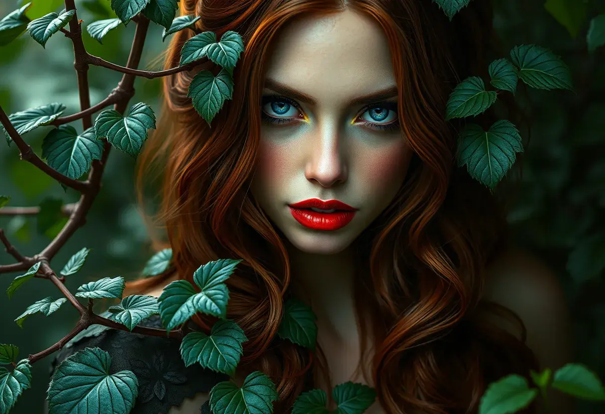 Alluring matte portrait of Poison Ivy in the style of Stefan Kostic, 8k, Highly Detailed, Intricate, Half Body, Matte Painting, Realistic, Sharp Focus, Fantasy by Greg Rutkowski