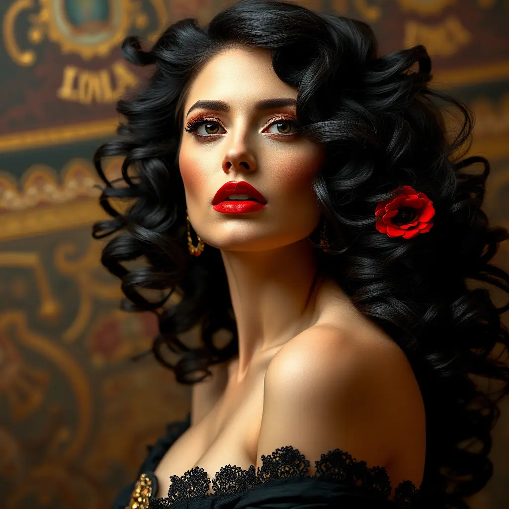 A stunning woman reminiscent of Salvador Dali's 'Gala', with bold red lips and curly black hair, Highly Detailed, Half Body, Gorgeous, Stunning, Elegant