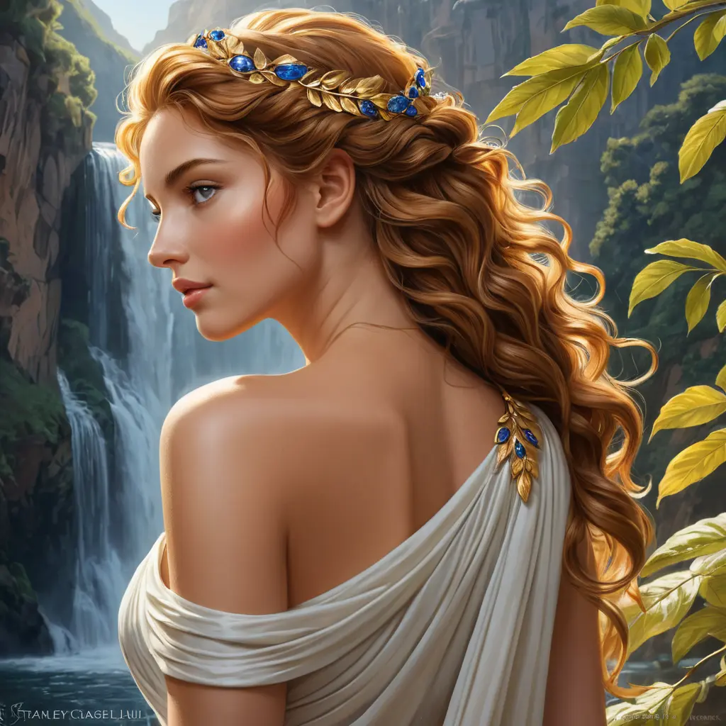 A radiant goddess from ancient Greece, adorned with golden laurels and sapphires, her tawny tresses cascading down her back like a waterfall., Highly Detailed, Half Body, Gorgeous, Stunning, Elegant by Stanley Artgerm Lau