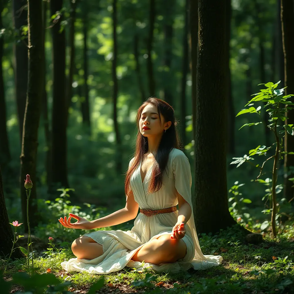 a serene woman meditating in a peaceful forest, Highly Detailed, Half Body, Gorgeous, Stunning, Elegant by Stanley Artgerm Lau