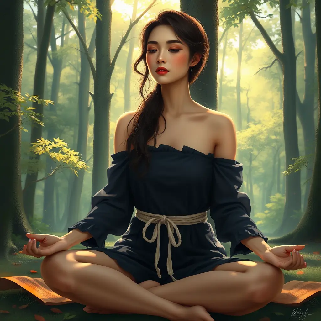 a serene woman meditating in a peaceful forest, Highly Detailed, Half Body, Gorgeous, Stunning, Elegant by Stanley Artgerm Lau