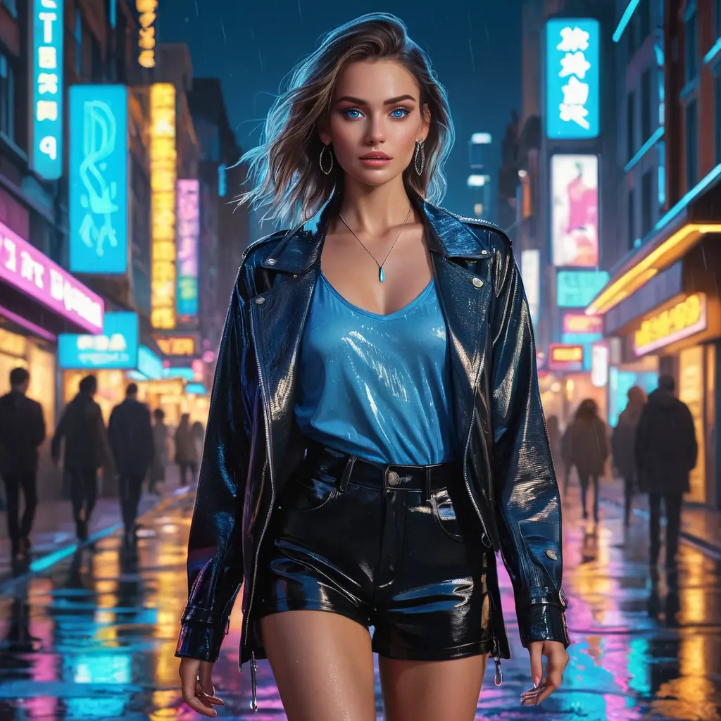 A captivating woman with piercing blue eyes, wearing a modern, stylish outfit, walking through a bustling city at night, neon lights reflecting off wet pavement, urban setting, dynamic composition, Highly Detailed, Half Body, Gorgeous, Stunning, Elegant by Stanley Artgerm Lau