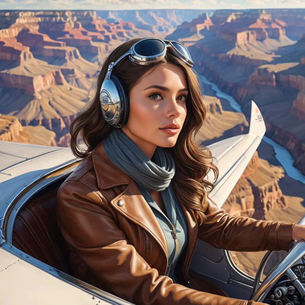 A confident woman piloting a vintage airplane over the Grand Canyon, Highly Detailed, Half Body, Gorgeous, Stunning, Elegant by Stanley Artgerm Lau