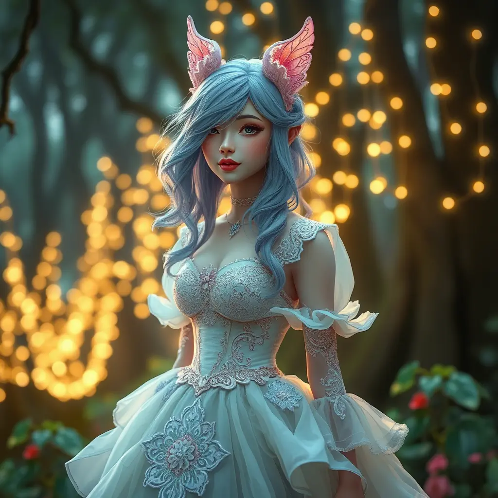 A whimsical woman with pastel-colored pixie hair, wearing a fairy tale-inspired gown with intricate embroidery, in an enchanted forest filled with twinkling lights, Highly Detailed, Half Body, Gorgeous, Stunning, Elegant by Stanley Artgerm Lau