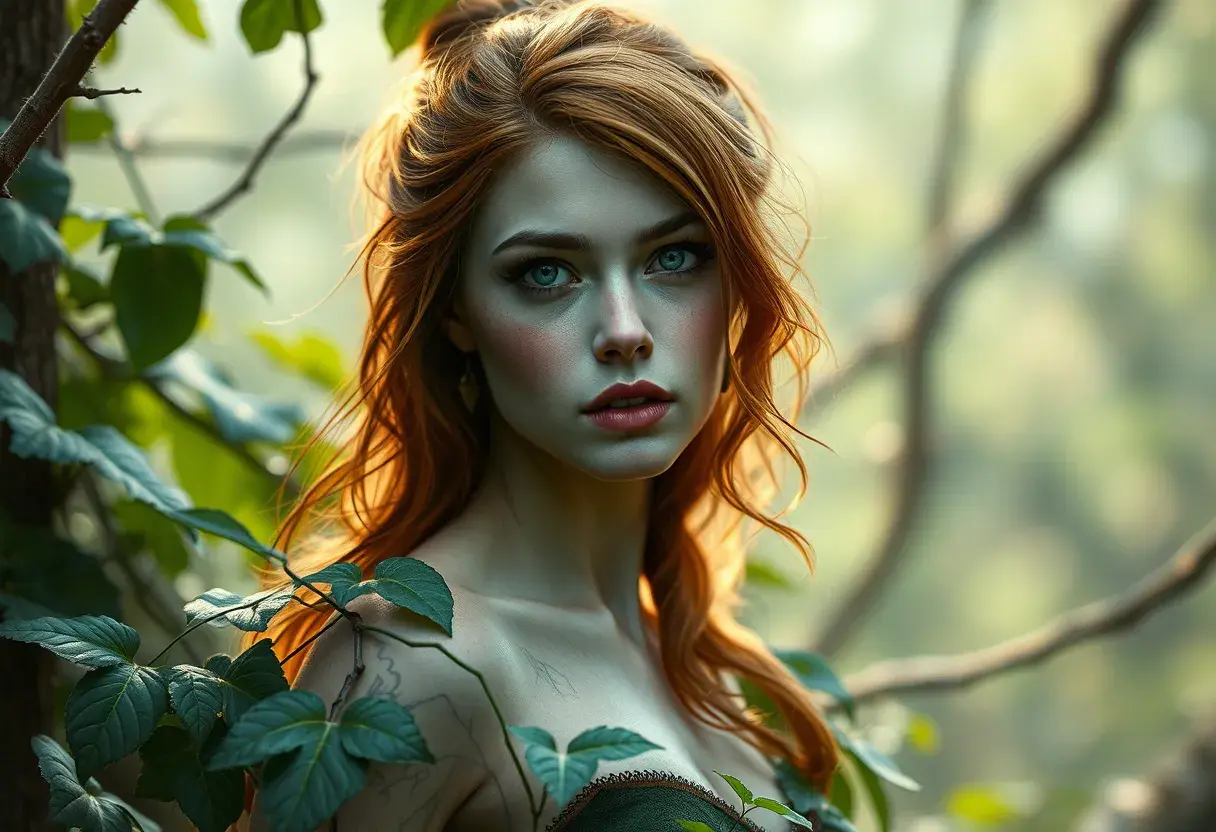 Alluring matte portrait of Poison Ivy in the style of Stefan Kostic, 8k, Highly Detailed, Intricate, Half Body, Matte Painting, Realistic, Sharp Focus, Fantasy by Greg Rutkowski