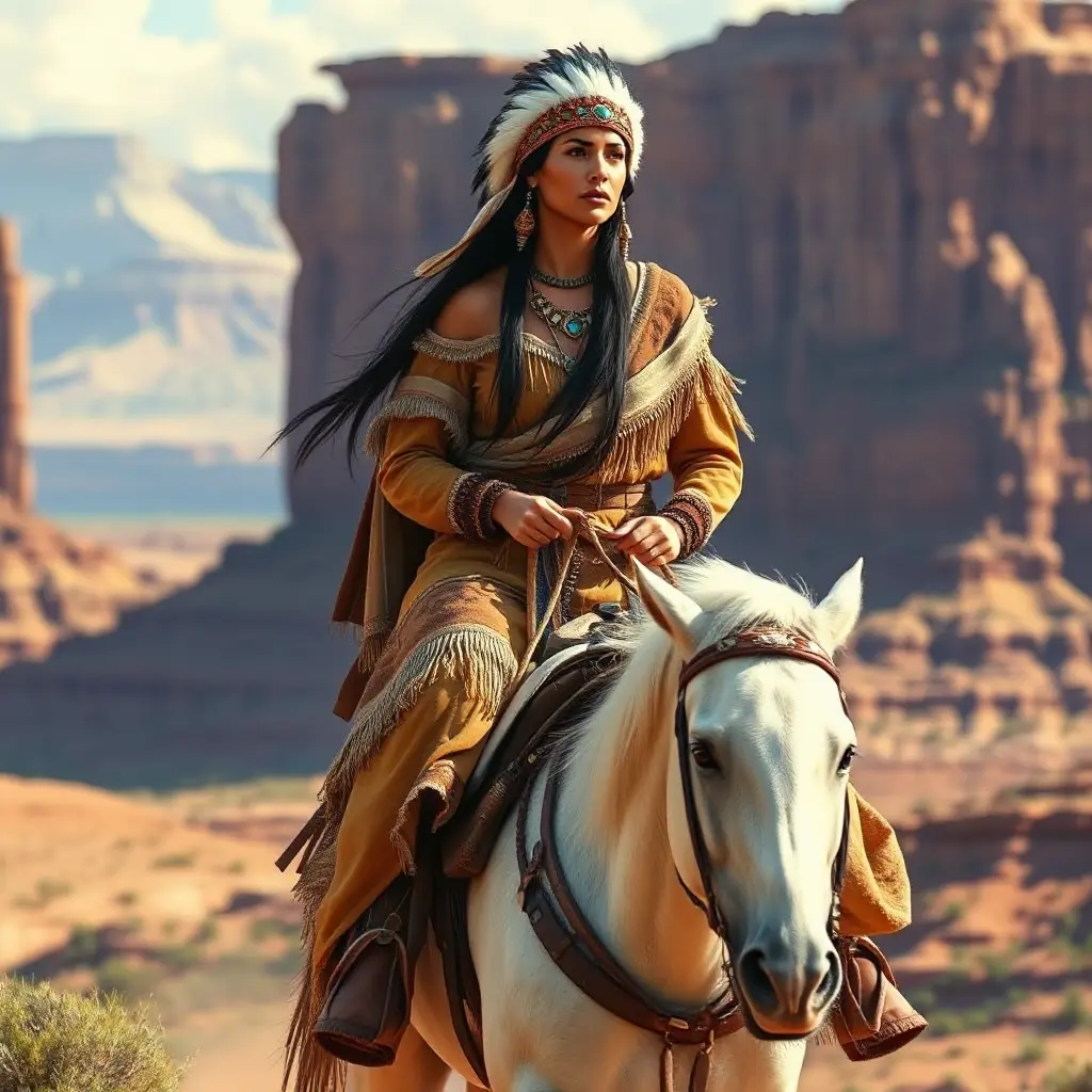 A regal Native American woman riding horseback through Monument Valley, Highly Detailed, Half Body, Gorgeous, Stunning, Elegant by Stanley Artgerm Lau