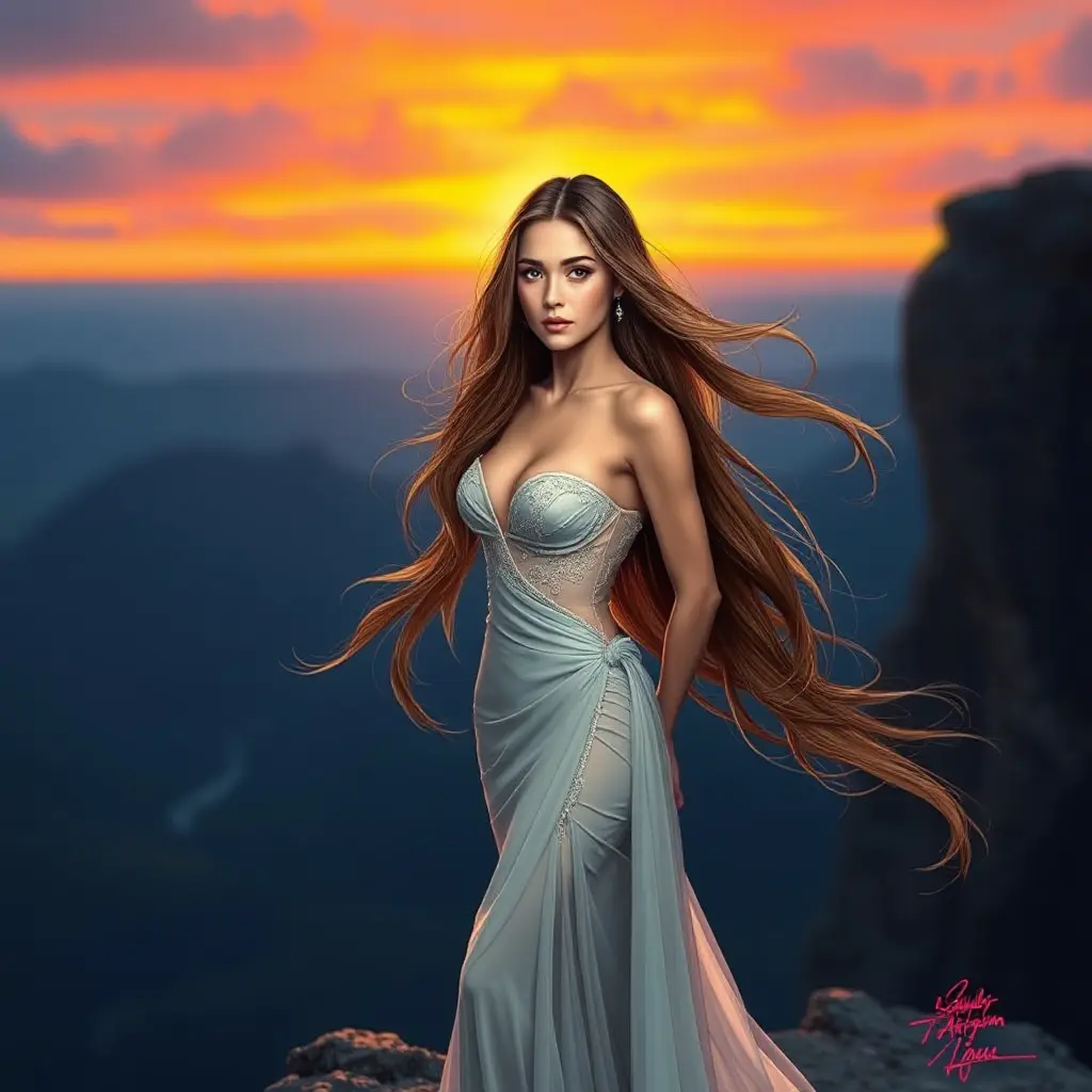 A stunning woman with flowing long hair, standing on a cliff at sunset, dressed in an elegant gown, her expression serene and contemplative, vivid colors in the sky reflecting on her face., Highly Detailed, Half Body, Gorgeous, Stunning, Elegant by Stanley Artgerm Lau