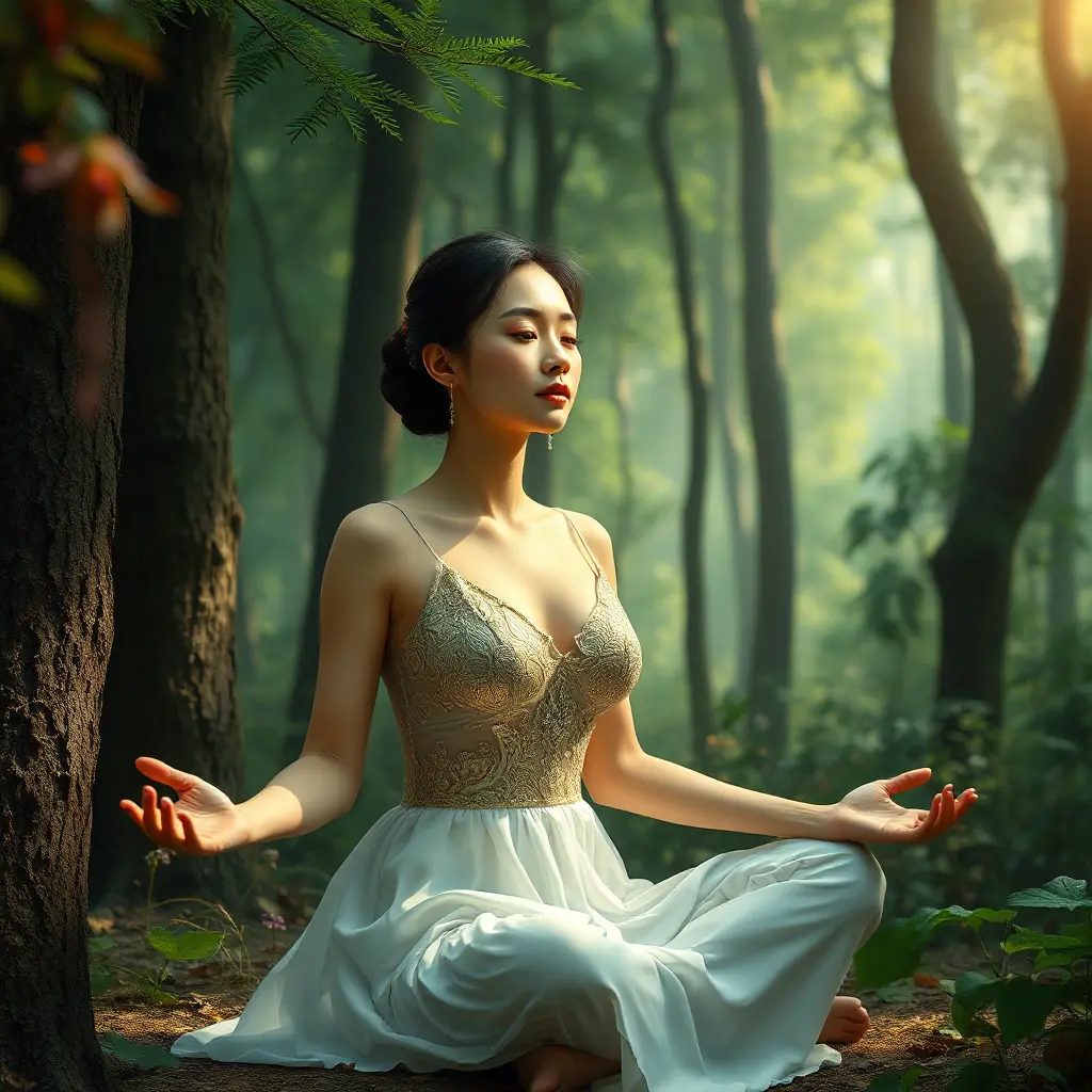 a serene woman meditating in a peaceful forest, Highly Detailed, Half Body, Gorgeous, Stunning, Elegant by Stanley Artgerm Lau