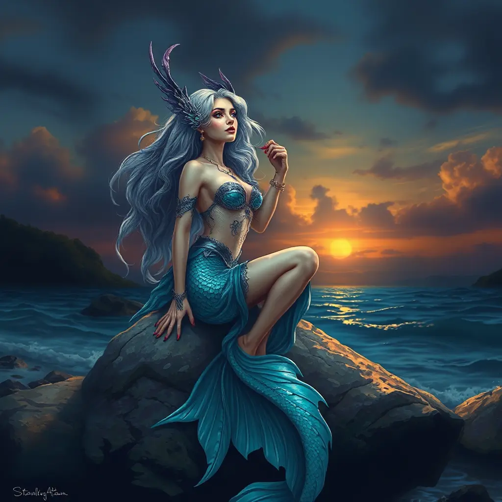 A mystical mermaid sitting on a rock by the shore at sunset, Highly Detailed, Half Body, Gorgeous, Stunning, Elegant by Stanley Artgerm Lau