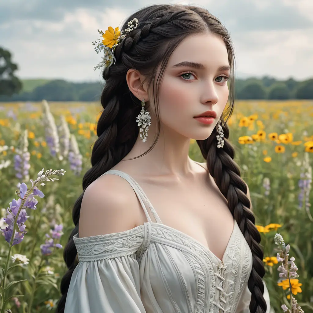 an ethereal beauty with porcelain skin and long, dark braids, standing amidst a field of wildflowers, Highly Detailed, Half Body, Gorgeous, Stunning, Elegant by Stanley Artgerm Lau