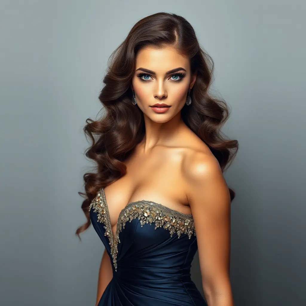 A stunning woman with piercing blue eyes and long, curly brown hair, posing in a elegant evening gown, Highly Detailed, Half Body, Gorgeous, Stunning, Elegant