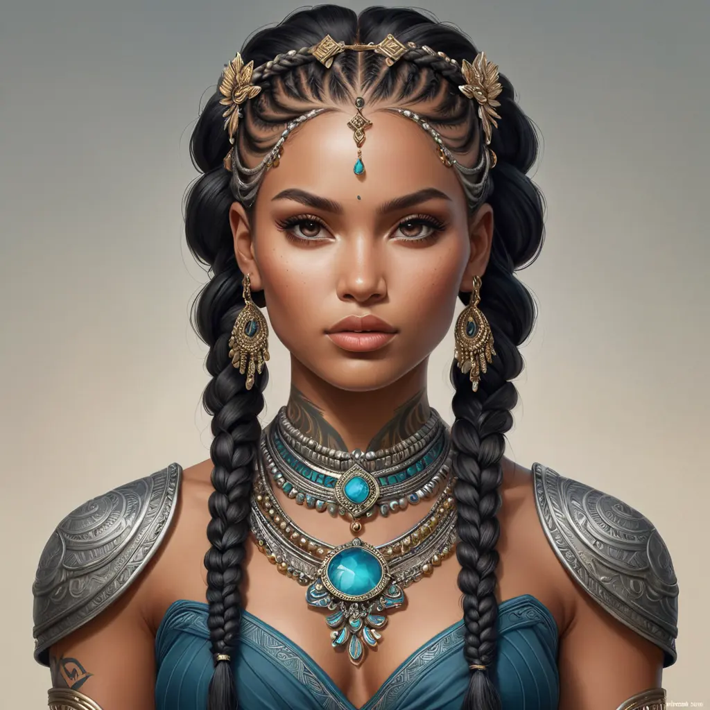 a fierce warrior queen with intricate tattoos and braided hair adorned with beads, her gaze commanding respect, Highly Detailed, Half Body, Gorgeous, Stunning, Elegant by Stanley Artgerm Lau