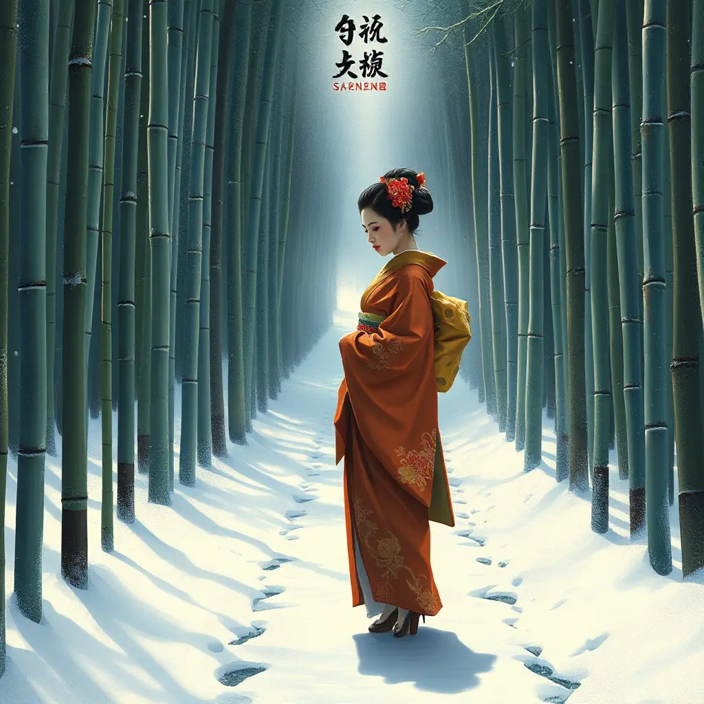 A serene geisha walking alone in a snowy bamboo forest, Highly Detailed, Half Body, Gorgeous, Stunning, Elegant by Stanley Artgerm Lau