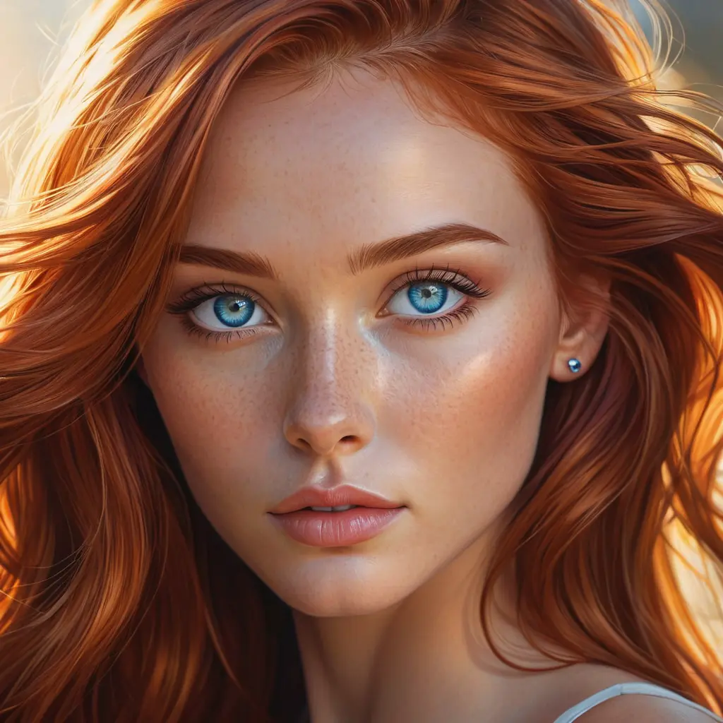 a stunningly beautiful woman with flowing red hair and piercing blue eyes, illuminated by warm sunlight, Highly Detailed, Half Body, Gorgeous, Stunning, Elegant by Stanley Artgerm Lau