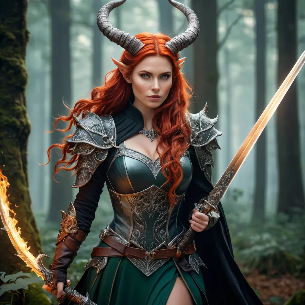 A gorgeous woman with horns and fiery red hair, wielding a sword in a mystical forest, Highly Detailed, Half Body, Gorgeous, Stunning, Elegant