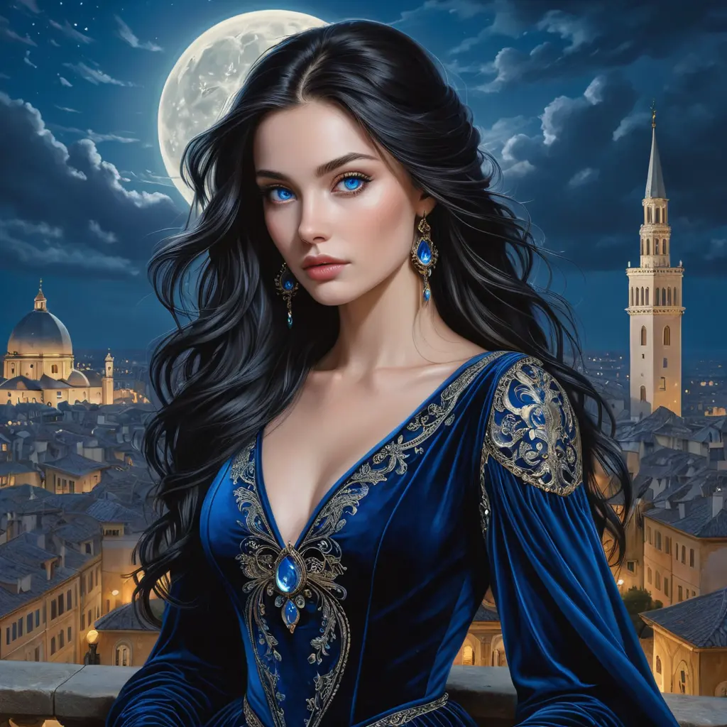 A mysterious woman with long raven hair, piercing blue eyes, and a form-fitting velvet dress, set against a backdrop of a moonlit Renaissance cityscape, Highly Detailed, Half Body, Gorgeous, Stunning, Elegant by Stanley Artgerm Lau