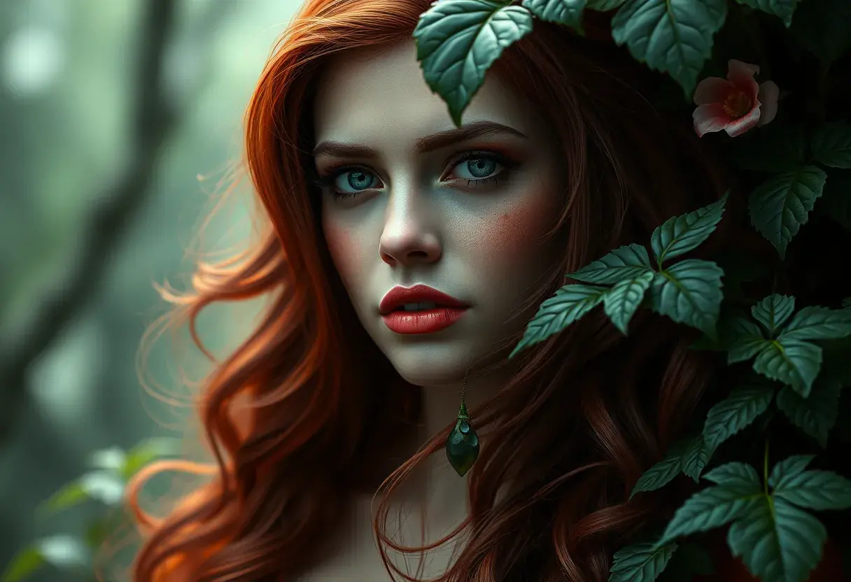 Alluring matte portrait of Poison Ivy in the style of Stefan Kostic, 8k, Highly Detailed, Intricate, Half Body, Matte Painting, Realistic, Sharp Focus, Fantasy by Greg Rutkowski