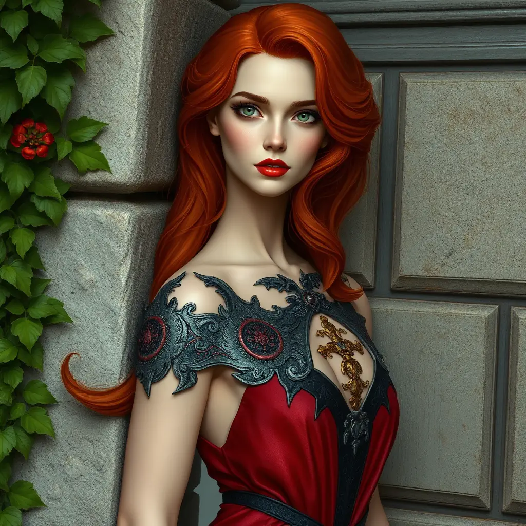 A bewitching beauty with sharp features and fiery red hair, leaning against an ancient, ivy-covered wall, Highly Detailed, Half Body, Gorgeous, Stunning, Elegant by Stanley Artgerm Lau