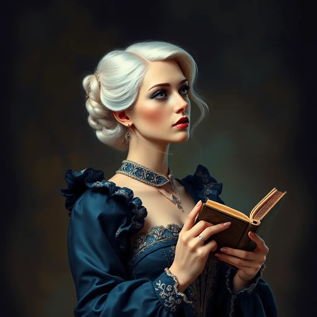 An ageless woman with platinum blonde hair, dressed in a Victorian-style midnight blue gown, holding a vintage book and gazing pensively into the distance, Highly Detailed, Half Body, Gorgeous, Stunning, Elegant by Stanley Artgerm Lau