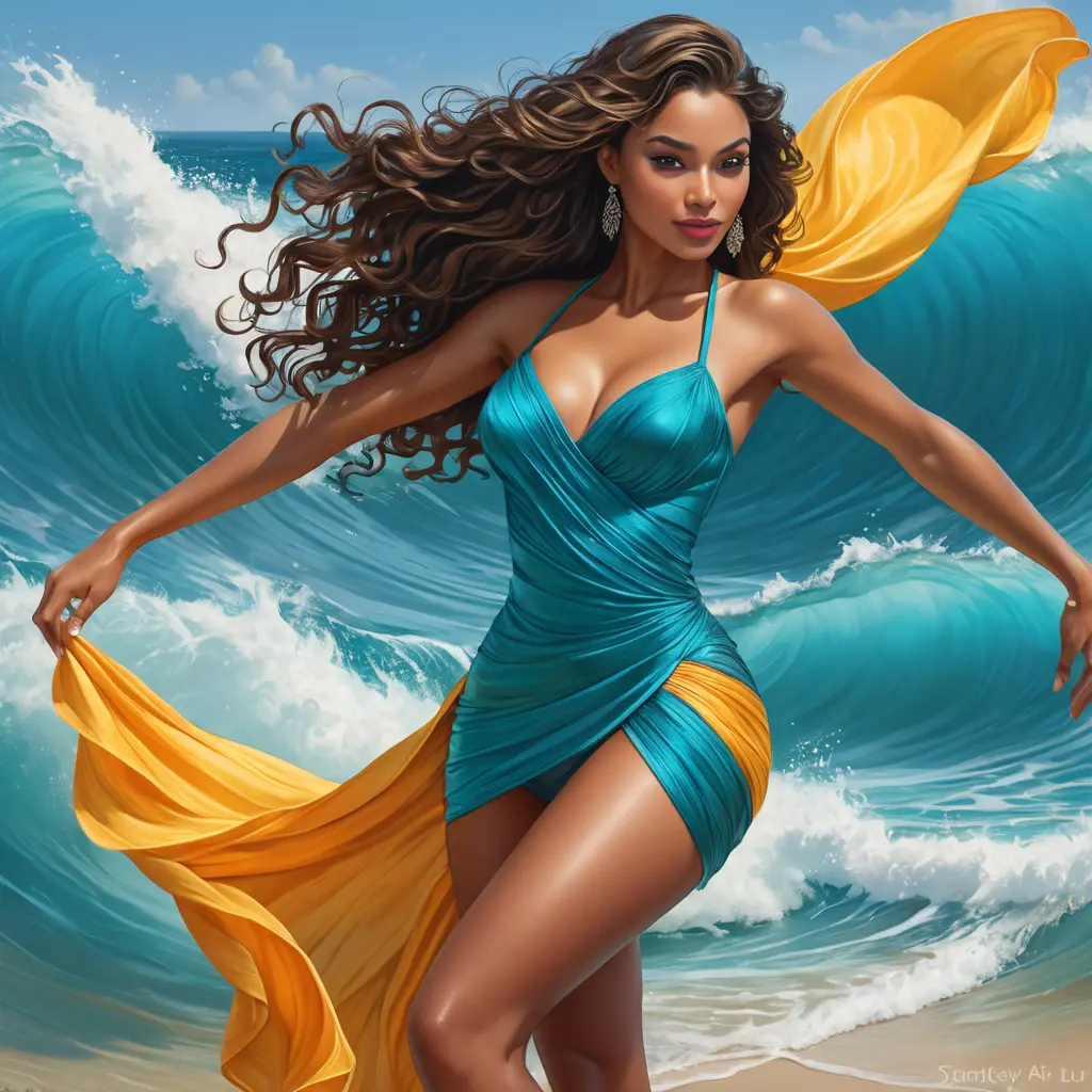 A vibrant and charming salsa dancer with a dynamic energy and curves that ripple like the waves of the Caribbean Sea, Highly Detailed, Half Body, Gorgeous, Stunning, Elegant by Stanley Artgerm Lau