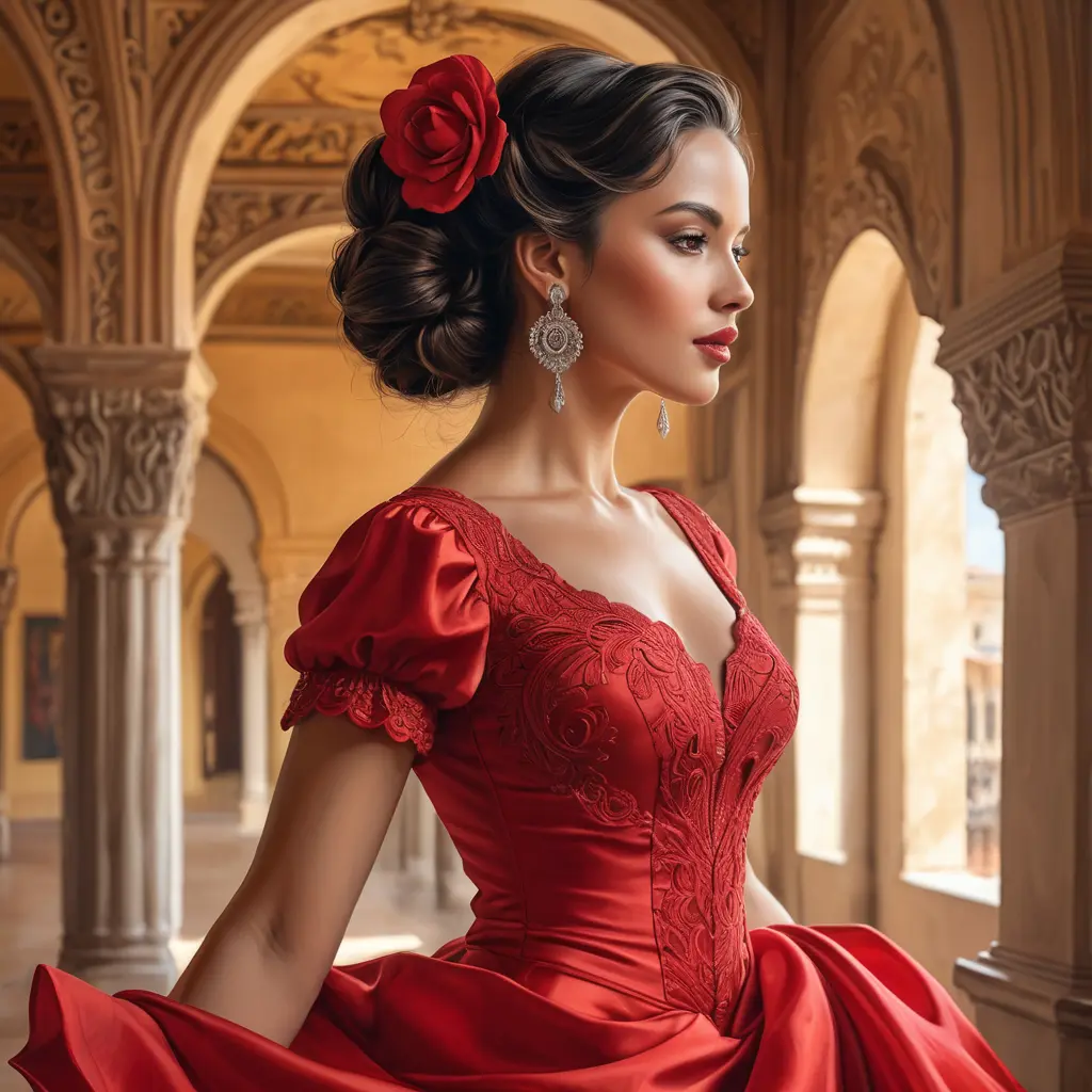 A passionate flamenco dancer in Seville's Alcázar palace, Highly Detailed, Half Body, Gorgeous, Stunning, Elegant by Stanley Artgerm Lau