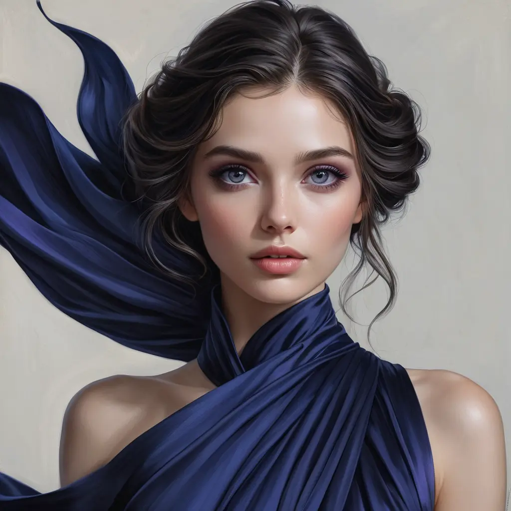 A captivating woman with a mysterious aura and deep violet eyes, draped in a flowing midnight blue gown, Highly Detailed, Half Body, Gorgeous, Stunning, Elegant by Stanley Artgerm Lau